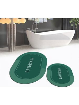PremiumPort Yıkanabilir Oval Ikili Banyo Paspası, Kaymaz Taban, Yeşil