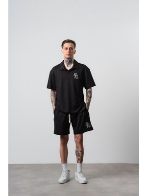 Erkek Respire Relined Yazılı Regular Fit T-Shirt Şort Takım Siyah