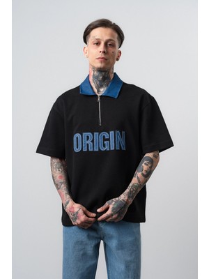 Respire Erkek Origin Nakışlı Polo Yaka Regular Fit T-Shirt Siyah