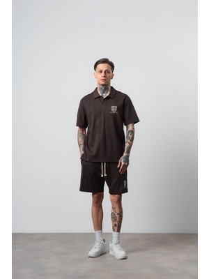 Respire Erkek Rocket Club Yazılı Regular Fit T-Shirt Şort Takım Kahve