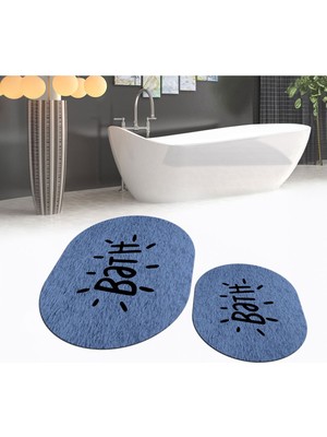 PremiumPort Yıkanabilir Oval Kaymaz Taban Banyo Paspas Takımı Mavi