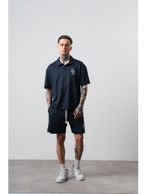 Erkek Respire Relined Yazılı Regular Fit T-Shirt Şort Takım Lacivert