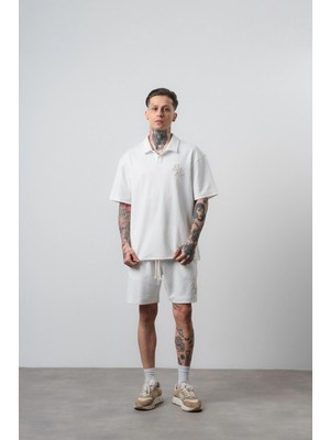 Erkek Respire Relined Yazılı Regular Fit T-Shirt Şort Takım Ekru