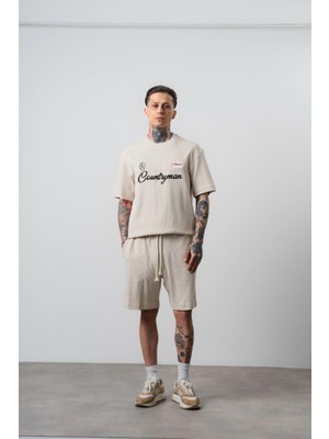 Respire Erkek Countryman Nakışlı Regular Fit T-Shirt Şort Takım Bej