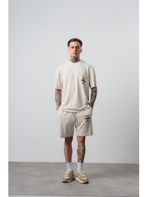 Respire Erkek Far From Basic Baskılı Regular Fit T-Shirt Şort Takım Bej