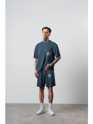 Respire Erkek Far From Basic Baskılı Regular Fit T-Shirt Şort Takım Petrol