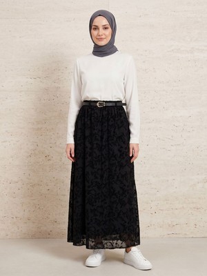 Foremia Flok Baskı Etek-Siyah -