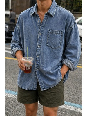 Tarz Cool Erkek Oversize Denim Gömlek – Yıkamalı Kot Gömlek Tek Cep Rahat Kalıp