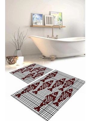 PremiumPort Yıkanabilir Balık Desenli Kaymaz Banyo Paspası ve Klozet Takımı