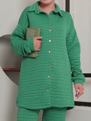 Moda Morfo Yakalı Boydan Düğmeli Kapitone Takım -Yeşil