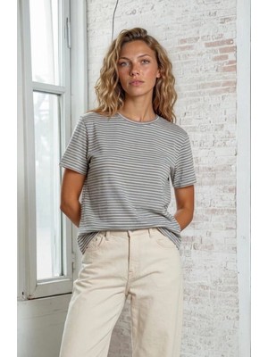 Cor Semi Fit Pamuklu Çizgili Kadın T-Shirt