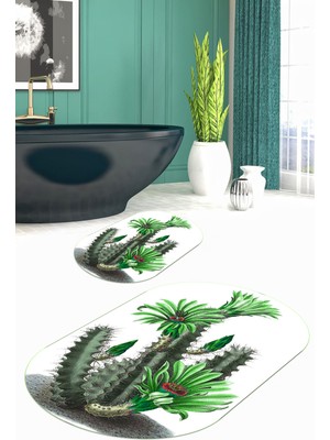 PremiumPort Yıkanabilir Kaktüs Desenli Oval Banyo Paspası 2'li Klozet Takımı