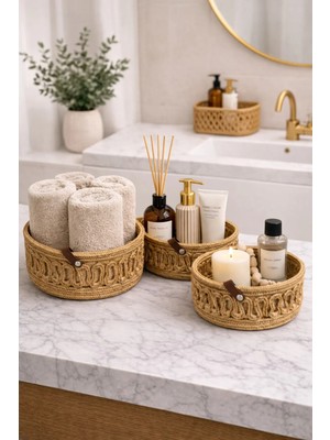 MaVaux Velora Set 3’lü Halat Sepet Banyo Organizer Dekoratif Düzenleyici El Yapımı Sepet Seti