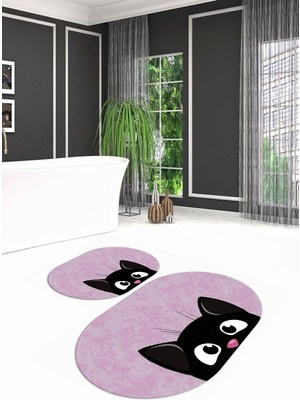 PremiumPort Yıkanabilir Kedi Desenli Oval Banyo Takımı, Pratik ve Şık Tasarım