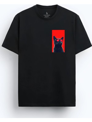 Alex Rosen Unisex Oversize Bisiklet Yaka Kedi Baskılı Kısa Kollu Siyah Tişört