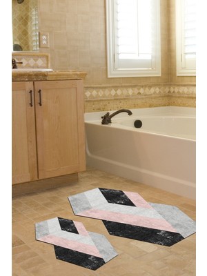 PremiumPort Lazer Kesim Djt 2 Li Yıkanabilir Kaymaz Taban Banyo Paspas Seti