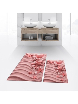 PremiumPort Yıkanabilir Dijital Baskılı Kaymaz Taban Ikili Banyo Paspas Klozet Takımı