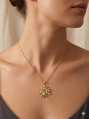 Allwin Kadın Güneş Kolye Gold Renk Spiral Detaylı Zirkon Taşlı-Işıltılı Kadın Kolye  Modern Takı Tasarımları  Spiritüel Takılar-Şık-Minimalist-Tarz-Yazlık