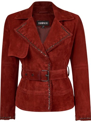 Derimod Patricia Kadın Bordo Biker Süet Deri Ceket 26SGD563810