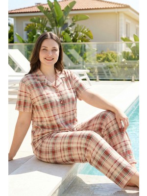 Remsa Büyük Beden Kadın Ekose  Desenli Kısa Kol Milan Kumaş Pijama Takımı 1722 Sarı
