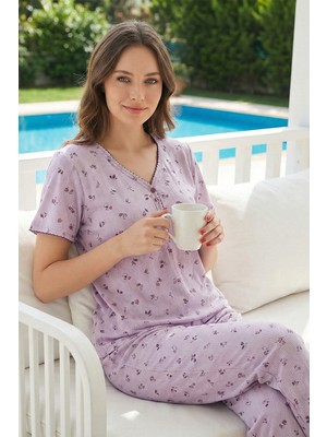 Remsa Kadın Çiçek Desenli Pamuklu Kısa Kol Pointelle Kumaş Pijama Takımı 3194 Lila