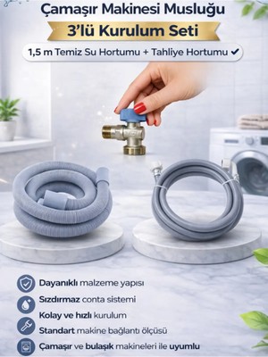 Kca Armatür Çamaşır Makinesi Musluğu 3’lü Kurulum Seti 1,5 M Temiz Su Hortumu + Tahliye Hortumu