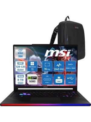 Msi Raider 16 Max Hx OLED B2WI-092TR Intel Core Ultra 9 290HX Plus 128GB Ddr5 8tb SSD Rtx 5080 16GB 175W Windows 11 Home 16” Qhd+ (2560X1600) 240Hz Oyuncu Bilgisayarı 092TRH30 + Zetta Çanta