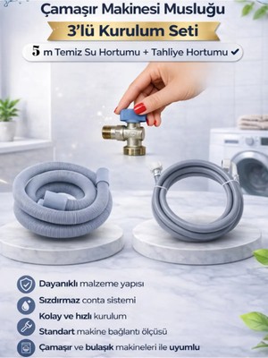 Kca Armatür Çamaşır Makinesi Musluğu 3’lü Kurulum Seti 5 M Temiz Su Hortumu + Tahliye Hortumu