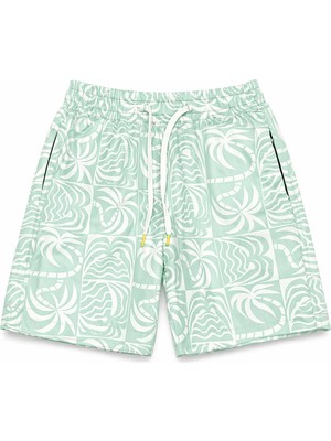 Vovido Erkek Çocuk Mint Yeşili Desenli Deniz Şortu – Hızlı Kuruyan, Lastikli, Bağcıklı Yazlık Şort 26998Y