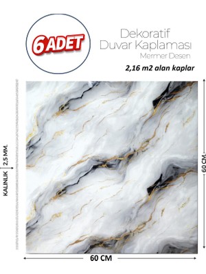 Brano 60X60 cm Kendinden Yapışkanlı Duvar,banyo,tezgah Arası Gri-Siyah Mermer-6 Adet