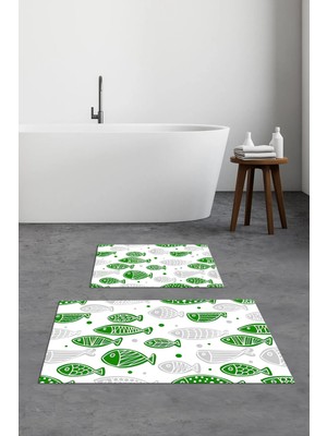 PremiumPort Yıkanabilir Balık Desenli Kaymaz Banyo Paspası ve Klozet Takımı Seti