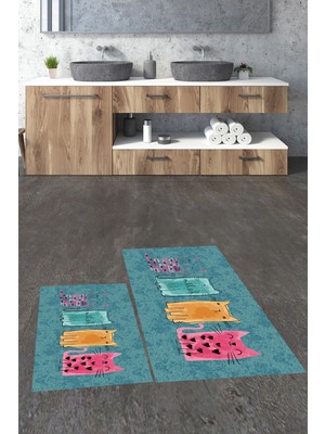 PremiumPort Renkli Kedili Yıkanabilir ve Kaymaz Ikili Banyo Halısı ve Klozet Takımı