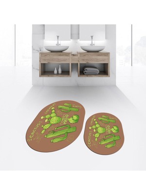 PremiumPort Yıkanabilir Oval Ikili Banyo Paspası, Kaymaz Taban, Klozet Takımı, Kahve