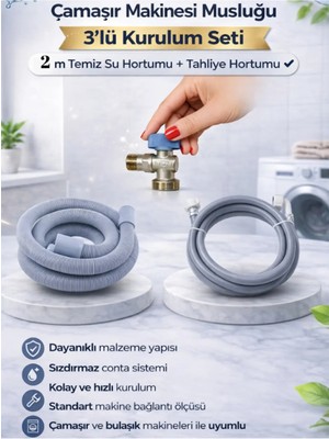 Kca Armatür Çamaşır Makinesi Musluğu 3’lü Kurulum Seti 2 M Temiz Su Hortumu + Tahliye Hortumu