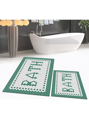 PremiumPort Renkli Dijital Baskılı Kaymaz Yıkanabilir Ikili Banyo Paspas Takımı