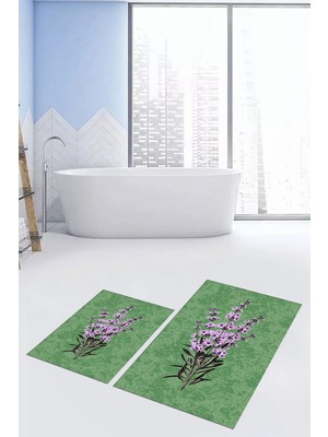 PremiumPort Yıkanabilir Modern Çiçekli Ikili Banyo Halısı ve Klozet Takımı