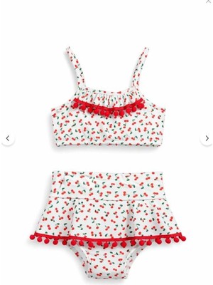 Vovido Kız Çocuk Kiraz Desenli Etekli Bikini Takımı - Ponpon Detaylı Bikini - 26227
