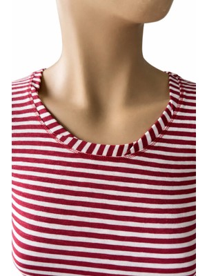 Dukoft Kadın Bordo Beyaz Çizgili U Yaka %100 Pamuklu Slim Fit Tişört