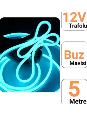 12V 5  Neon LED Şerit Işık | Prize Tak Çalıştır | Anahtarlı Fişli 1.5m Kablo | Esnek Silikonlu LED