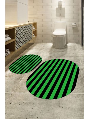 PremiumPort Yıkanabilir Oval Banyo Takımı, Dijital Baskılı, Kaymaz Taban, Yeşil