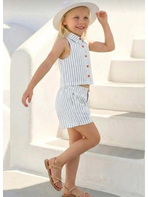 Zeyland Kız Çocuk Gömlek Yaka Bluz ve Şort Takım - Mavi-67200
