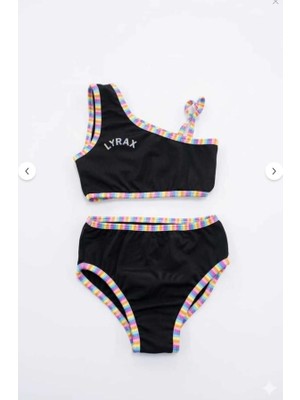 Vovido Kız Çocuk Siyah Tek Omuz Bikini Takımı - Renkli Biyeli Deniz ve Havuz Mayosu-26254