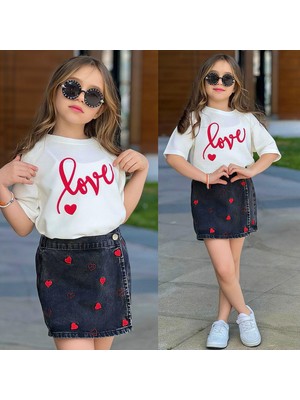 Bambam Kız Çocuk 2’li Takım – Love Baskılı Tişört & Kalp Desenli Kot Şort  Etek Şık Yaz Kombini 2675S