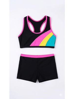 Vovido Kız Çocuk Şortlu Yüzücü Bikini Takımı - Renkli Şerit Detaylı İki Parça Mayo-7255