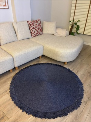 MaVaux Natura Bambu Lacivert Burgu Halat, Hasır Örgü Yuvarlak Saçaklı Jüt Kilim Doğal El Yapımı