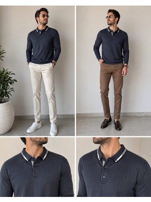 Sofun Osyho Kumaş Çizgili Polo Yaka Erkek Sweatshirt