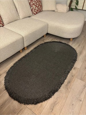 MaVaux Natura Antrasit Burgu Halat, Hasır Örgü Yuvarlak Saçaklı Jüt Kilim Doğal El Yapımı