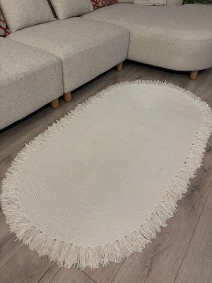 MaVaux Natura Krem Burgu Halat, Hasır Örgü Yuvarlak Saçaklı Jüt Kilim Doğal El Yapımı