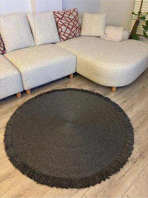 MaVaux Natura Antrasit Burgu Halat, Hasır Örgü Yuvarlak Saçaklı Jüt Kilim Doğal El Yapımı