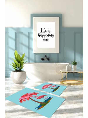 PremiumPort Yıkanabilir Flamingo Desenli Banyo Paspası ve Klozet Takımı Seti